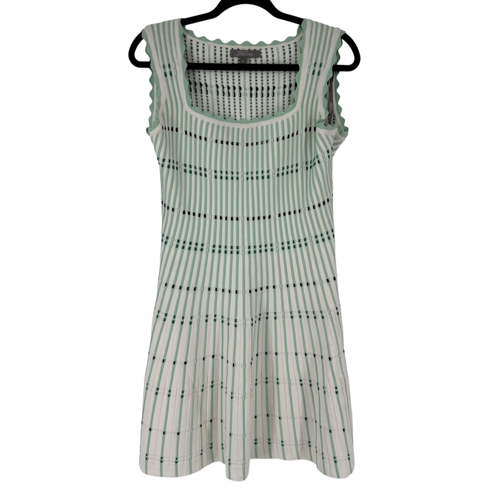 Lela Rose Knit Dress Womens XL Green Striped Scalloped Fit Flare